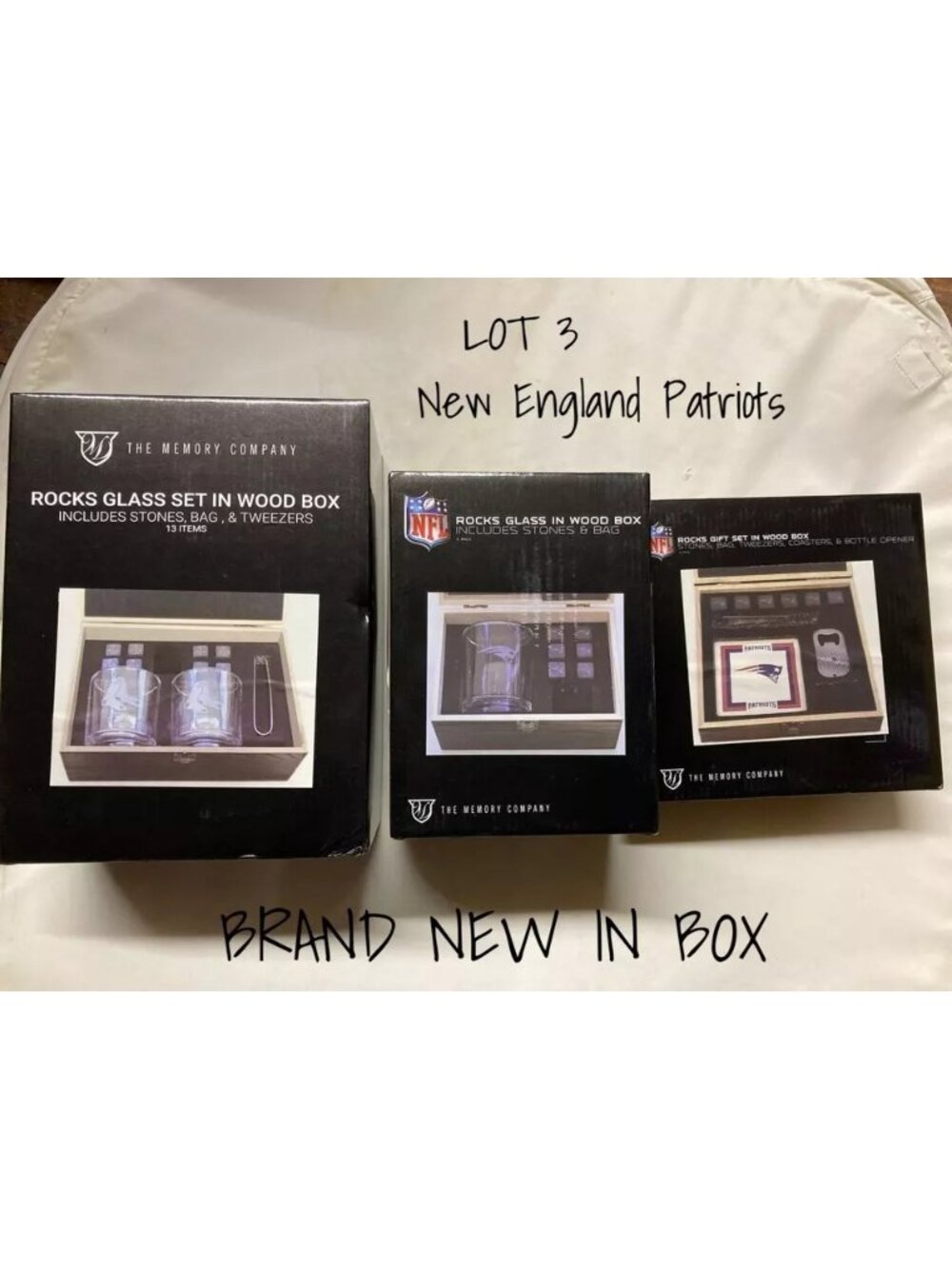 New England Patriots NFL Rocks Glass Set in Wood Box - 3 Piece Collection New